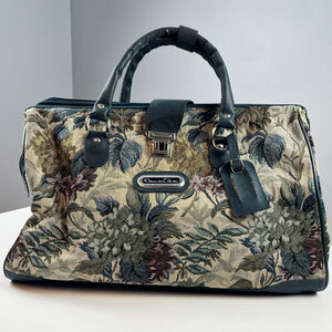 Vintage Oscar de la Renta Floral Tapestry Duffle Carry On Bag Large Beige Green